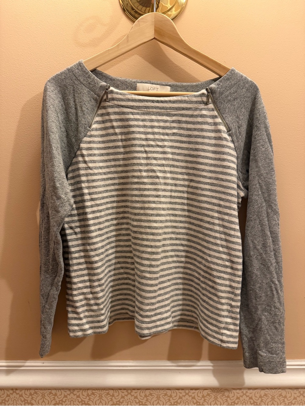 LOFT Gray & Cream Striped Raglan Shirt 100% cotton